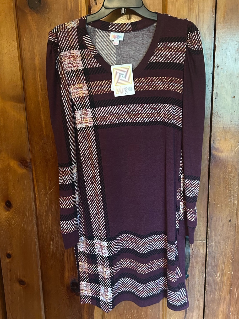 LuLaRoe Women's Plum Plaid V-Neck Long Sleeve Top Ava - Small